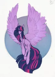 Size: 750x1041 | Tagged: safe, artist:noel, artist:ohnonoel, derpibooru import, twilight sparkle, twilight sparkle (alicorn), alicorn, pony, colored sketch, eyes closed, female, flying, large wings, mare, sketch, solo, spread wings