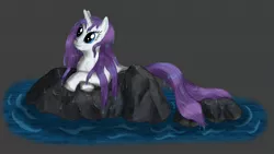 Size: 1920x1080 | Tagged: artist:bluespaceling, derpibooru import, rarity, rock, safe, solo, wet, wet mane, wet mane rarity