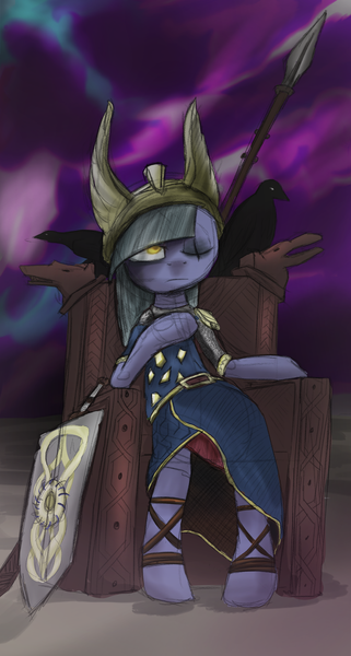 Size: 2196x4100 | Tagged: safe, artist:tenenbris, derpibooru import, limestone pie, bird, earth pony, pony, raven (bird), clothes, female, gungnir, helmet, hugin, mare, munin, norse mythology, odin, scar, shield, sitting, solo, spear, sword, throne, weapon