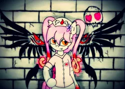 Size: 2072x1464 | Tagged: semi-grimdark, artist:canvymamamoo, derpibooru import, oc, oc:ebola-chan, ponified, anthro, bat pony, original species, semi-anthro, anime, blood, disease, ebola, pink mane, plague