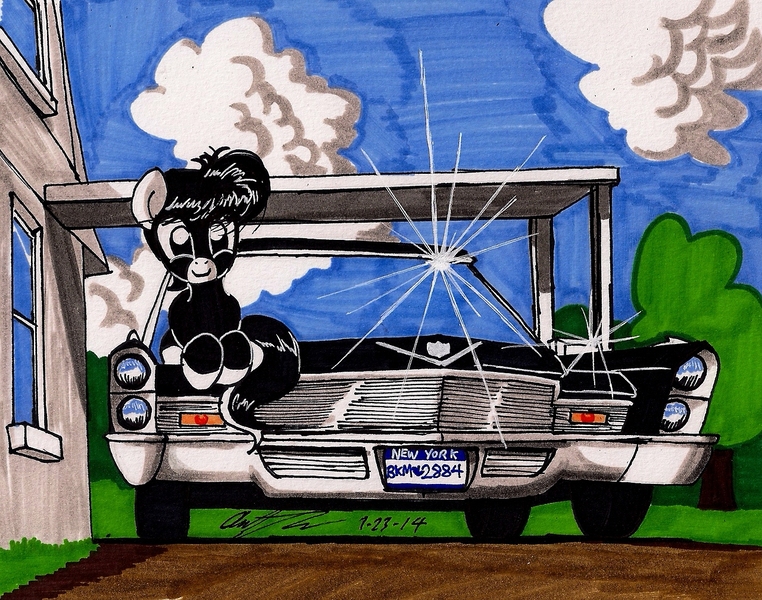 Size: 1280x1008 | Tagged: safe, artist:newyorkx3, derpibooru import, oc, oc:tommy junior, unofficial characters only, pony, cadillac, car, cloud, colt, foal, house, image, jpeg, lying down, male, outdoors, prone, shiny, smiling, solo, traditional art