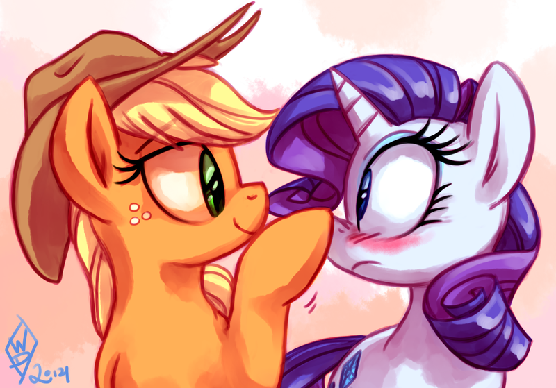 Size: 1110x775 | Tagged: safe, artist:whitediamonds, derpibooru import, applejack, rarity, earth pony, pony, unicorn, blushing, boop, female, freckles, frown, hat, lesbian, looking at each other, mare, rarijack, rarijack daily, shipping, smiling, tumblr, wide eyes