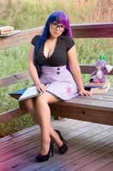 Size: 681x1024 | Tagged: artist:mariedoll, beautiful, cleavage, clothes, cosplay, cute, derpibooru import, female, glasses, high heels, human, irl, irl human, legs, photo, plushie, safe, shoes, skirt, spike, twilight sparkle