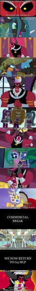 Size: 847x6813 | Tagged: safe, derpibooru import, edit, edited screencap, screencap, adagio dazzle, ahuizotl, aria blaze, discord, flam, flim, lord tirek, mane-iac, queen chrysalis, sonata dusk, a canterlot wedding, a case for the bass, daring don't, equestria girls, princess twilight sparkle (episode), rainbow rocks, twilight's kingdom, 3d glasses, accent, angry, antagonist, argument, comic, cracking knuckles, cracking up, electro orb, everyone steals tirek's meme, exploitable meme, flim flam brothers, imminent fight, interrupted, meme, scorpan's necklace, screencap comic, sound effects, text, the dazzlings, this will end in death, tirek vs everyone meme