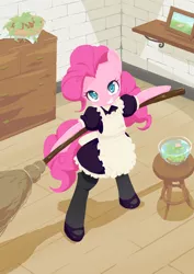 Size: 1413x2000 | Tagged: safe, artist:siagia, derpibooru import, pinkie pie, pony, semi-anthro, apron, bipedal, broom, clothes, fishbowl, french maid, maid, pixiv, solo
