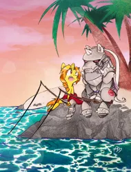 Size: 2381x3125 | Tagged: dead source, safe, artist:yuji8sushi, derpibooru import, ponified, pony, unicorn, alphonse elric, automail, beach, clothes, crossover, edward elric, fishing, fullmetal alchemist, palm tree, prosthetics, traditional art, tree