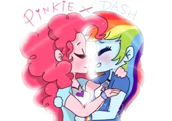 Size: 1024x720 | Tagged: dead source, safe, artist:chibi-love69, derpibooru import, pinkie pie, rainbow dash, equestria girls, blushing, female, lesbian, pinkiedash, shipping