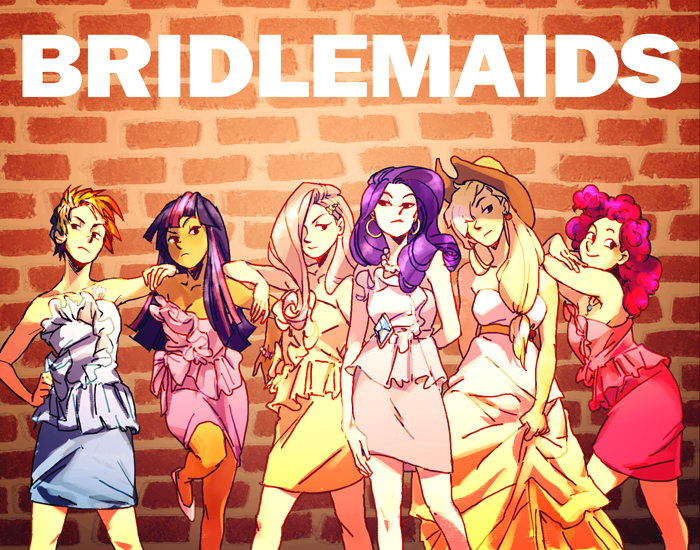 Size: 700x550 | Tagged: applejack, artifact, artist:blue-fox, boobie mark, bridesmaid, bridesmaid dress, bridesmaids, bridlemaids, clothes, derpibooru import, dress, female, fluttershy, human, humanized, mane six, parody, pinkie pie, pun, rainbow dash, rarity, safe, twilight sparkle