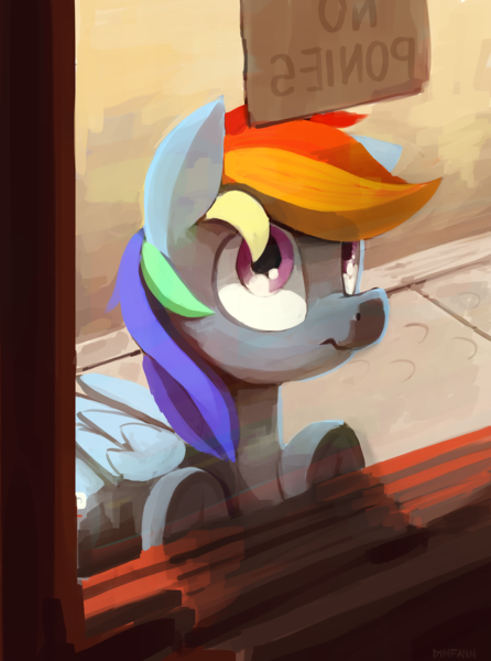 Size: 1500x2016 | Tagged: safe, artist:dimfann, derpibooru import, rainbow dash, pegasus, pony, against glass, bipedal, bipedal leaning, boop, discrimination, egalitarianism, female, frown, image, leaning, looking at something, mare, png, racism, sad, scrunchy face, segregation, solo, speciesism, underhoof, wide eyes, window