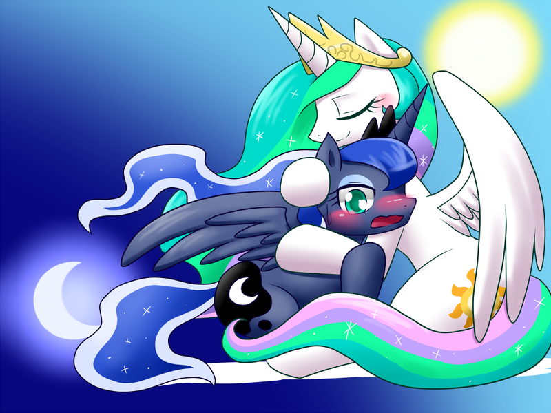 Size: 1000x750 | Tagged: safe, artist:hashioaryut, derpibooru import, princess celestia, princess luna, blushing, hug, pixiv