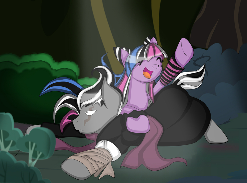 Size: 1792x1328 | Tagged: safe, artist:fourze-pony, derpibooru import, ponified, pony, annoyed, askgundhampony, cute, danganronpa, danganronpa 2, female, forest, glomp, gundham tanaka, ibuki mioda, male, mare, on top, stallion, tumblr, tumblr comic