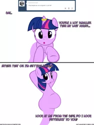 Size: 1050x1400 | Tagged: safe, artist:navitaserussirus, derpibooru import, trixie, twilight sparkle, genie, pony, unicorn, asktwixiegenies, aladdin, big belly, female, lesbian, mare, quote, reference, shipping, solo, twixie