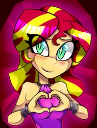 Size: 677x893 | Tagged: safe, artist:kaliptro, derpibooru import, sunset shimmer, equestria girls, rainbow rocks, blushing, cute, looking at you, moe moe kyun, shimmerbetes, sleeveless, solo