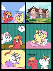 Size: 1024x1365 | Tagged: safe, artist:cookie-lovey, derpibooru import, big macintosh, bulk biceps, fluttershy, nurse redheart, earth pony, pony, baby, crying, floppy ears, fluttermac, foal, frown, glare, implied, infidelity, male, music notes, nervous, offspring, parent:bulk biceps, parent:fluttershy, parents:flutterbulk, prone, shipping, smiling, stallion, straight, whistling