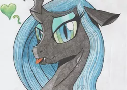 Size: 3400x2424 | Tagged: safe, artist:winterdominus, derpibooru import, queen chrysalis, fangs, floppy ears, heart, looking at you, solo, tongue out, traditional art