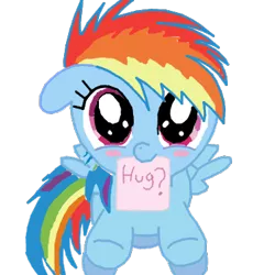 Size: 378x378 | Tagged: safe, artist:theflofic, derpibooru import, rainbow dash, blushing, bronybait, cute, dashabetes, filly, filly rainbow dash, floppy ears, hug, hug request, looking at you, mouth hold, note, simple background, smiling, solo, transparent background