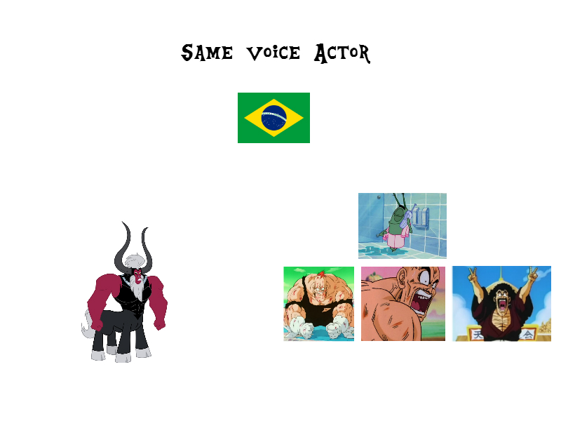 Size: 800x600 | Tagged: brazil, derpibooru import, dragon ball z, exploitable meme, ginyu force, guilherme lopes, hercule, lord tirek, meme, mr. satan, nappa, over 9000, portuguese, recoome, safe, saiyan, same voice actor, sheldon j. plankton, spongebob squarepants, voice actor