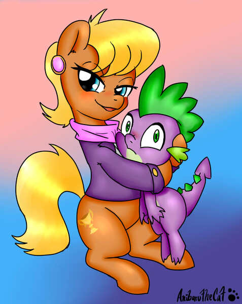 Size: 929x1168 | Tagged: safe, artist:anibaruthecat, derpibooru import, ms. harshwhinny, spike, dragon, earth pony, pony, blushing, cougar, cover, female, hug, looking at you, male, mare, spikewhinny, straight