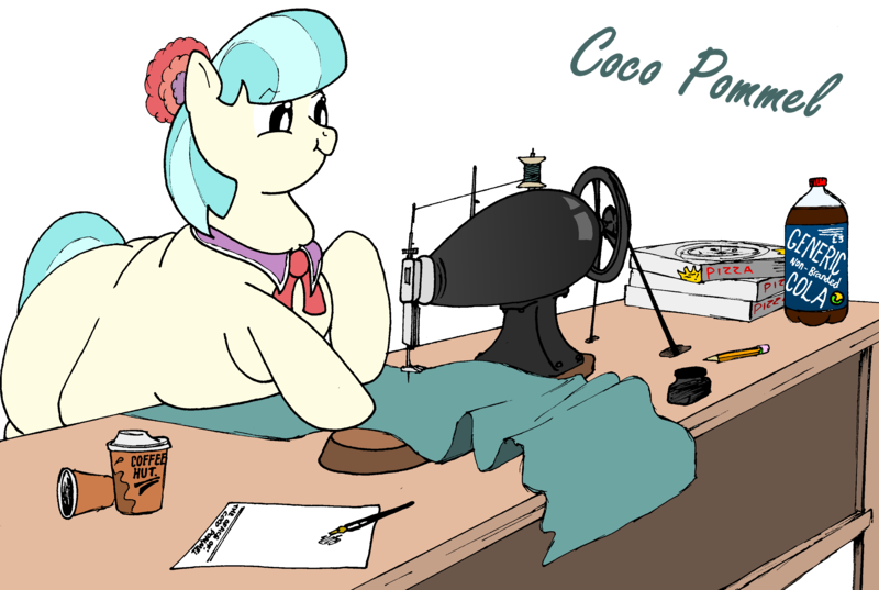 Size: 3280x2202 | Tagged: safe, artist:fatponysketches, derpibooru import, coco pommel, earth pony, pony, belly, coco pudge, coffee, collar, desk, fat, female, high res, mare, material, neck fat, necktie, obese, pencil, pizza, quill pen, rolls, sewing machine, soda