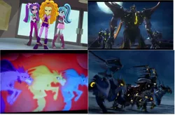 Size: 1598x1050 | Tagged: safe, derpibooru import, adagio dazzle, aria blaze, sonata dusk, equestria girls, rainbow rocks, beast hunters, comparison, darksteel, predacons, predacons rising, predaking, sky lynx, the dazzlings, transformation, transformers, transformers prime