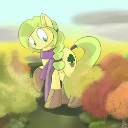 Size: 1500x1500 | Tagged: safe, artist:mrrowboat, derpibooru import, oc, oc:sequoia, unofficial characters only, pony, autumn, boots, clothes, giant pony, macro, pot, potted plant, raised hoof, scarf, signature, solo, sunset, tree