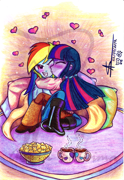 Size: 827x1200 | Tagged: safe, artist:shikimaakemi, derpibooru import, rainbow dash, twilight sparkle, equestria girls, blanket, blushing, cuddling, female, hair tie, heart, holding, hot chocolate, kissing, lesbian, pillow, popcorn, rug, shipping, snuggling, twidash