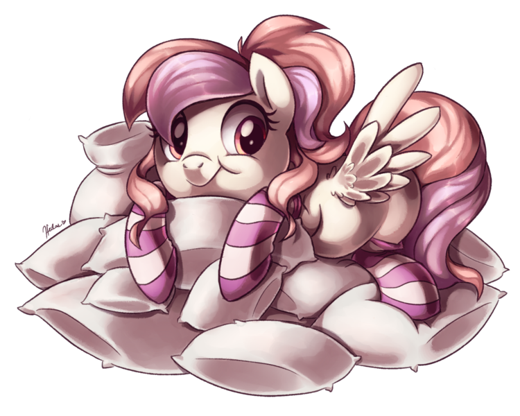 Size: 1250x1000 | Tagged: artist:heilos, clothes, cute, derpibooru import, female, oc, oc:cuddle bug, safe, socks, solo, striped socks, unofficial characters only