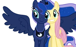 Size: 1600x993 | Tagged: artist needed, conjoined, derpibooru import, eyeball conjoinment, female, fluttershy, fusion, grin, i dont even, lesbian, lunashy, princess luna, safe, shipping, simple background, stuck, wat, we have become one, what has science done