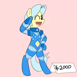 Size: 1000x1000 | Tagged: safe, artist:khorme, derpibooru import, oc, oc:ultramare, unofficial characters only, pony, action figure, belly button, bipedal, bodysuit, cute, doll, japanese yen, navel cutout, open mouth, price tag, salute, smiling, solo, wink, yen