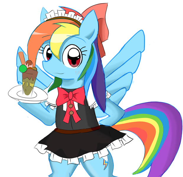 Size: 1717x1661 | Tagged: safe, artist:timorikawa, derpibooru import, rainbow dash, pegasus, pony, semi-anthro, bipedal, blushing, bow, clothes, female, ice cream, maid, mare, pixiv, simple background, skirt, solo, waitress, white background