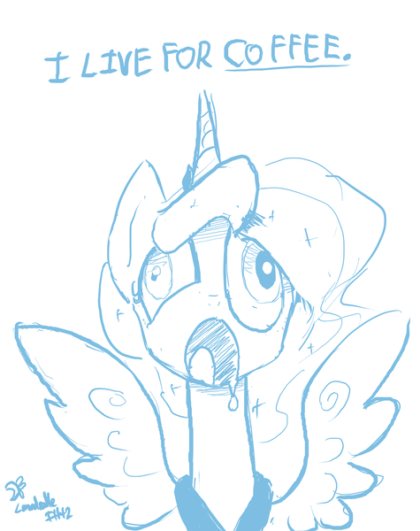 Size: 1280x1616 | Tagged: artist:darkflame75, coffee, derp, derpibooru import, dialogue, drool, lineart, lunadoodle, luna found the coffee, majestic as fuck, mismatched eyes, monochrome, princess luna, safe, sketch, solo, wingboner