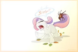 Size: 1000x675 | Tagged: safe, artist:sherwoodwhisper, derpibooru import, sweetie belle, pony, spider, unicorn, arachnophobia, eyes closed, female, filly, leaves, scared, screaming, solo