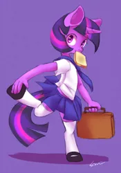 Size: 700x1000 | Tagged: anime, anthro, artist:sion, bread, clothes, derpibooru import, food, mouth hold, safe, schoolgirl, schoolgirl toast, school uniform, simple background, solo, toast, twilight sparkle