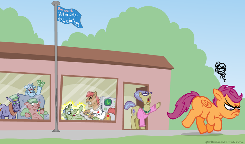 Size: 1077x635 | Tagged: angry, artist:brutamod, ass brutalewd, brutalewd, derpibooru import, elderly, flag pole, implied pole dancing, medical pony, scootaloo, suggestive, sulking