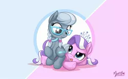 Size: 2560x1600 | Tagged: safe, artist:mysticalpha, derpibooru import, diamond tiara, silver spoon, earth pony, pony, abstract background, adorabullies, confused, cute, dawwww, diamondbetes, eye contact, female, filly, glasses, jewelry, looking at each other, necklace, on top, open mouth, pearl necklace, prone, raised eyebrow, shipping fuel, silverbetes, sitting, sitting on, sitting on pony, smiling, tiara, underhoof, wallpaper