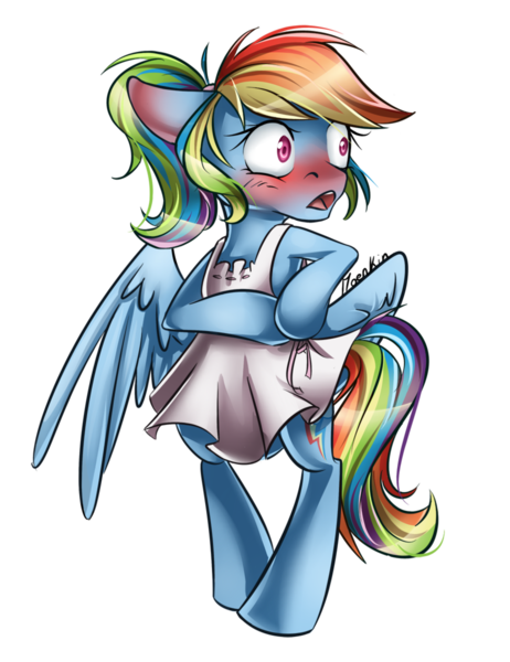 Size: 900x1169 | Tagged: safe, artist:moenkin, derpibooru import, rainbow dash, pegasus, pony, apron, bipedal, blushing, clothes, commission, embarrassed, female, mare, signature, simple background, solo, transparent background