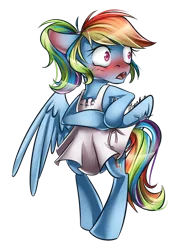 Size: 900x1169 | Tagged: safe, artist:moenkin, derpibooru import, rainbow dash, pegasus, pony, apron, bipedal, blushing, clothes, commission, embarrassed, female, mare, signature, simple background, solo, transparent background