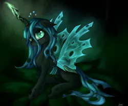 Size: 6000x5000 | Tagged: absurd resolution, artist:skajcia, changeling, changeling queen, derpibooru import, female, floppy ears, magic, queen chrysalis, safe, sitting, smiling, solo, spread wings