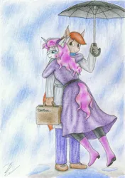 Size: 2455x3494 | Tagged: anthro, artist:sinaherib, briefcase, button mash, clothes, crying, derpibooru import, female, high res, hug, male, older, rain, safe, shipping, straight, sweetie belle, sweetiemash, traditional art, umbrella