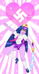 Size: 900x1688 | Tagged: suggestive, artist:curtsibling, derpibooru import, twilight sparkle, equestibooru girls, equestria girls, breasts, busty twilight sparkle, clothes, crown, fangs, female, heart, heil, looking at you, nazi, necktie, queen twilight, skirt, solo, solo female, stockings, swastika, sword, tyrant sparkle