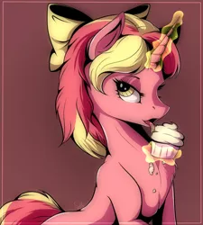 Size: 848x942 | Tagged: suggestive, artist:evehly, derpibooru import, oc, oc:starberry cupcake, unofficial characters only, pony, unicorn, bedroom eyes, cupcake, female, frosting, hair bow, licking, magic, messy eating, solo, telekinesis