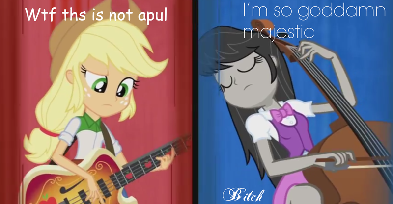 Size: 1917x997 | Tagged: safe, derpibooru import, screencap, applejack, octavia melody, equestria girls, rainbow rocks, appul, cello, comic sans, eyes closed, frown, guitar, image macro, majestic, meme, musical instrument, raised eyebrow, vulgar