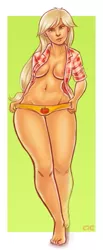 Size: 351x850 | Tagged: applebucking thighs, applejack, apple print underwear, artist:mcponyponypony, barefoot, breasts, busty applejack, clothes, derpibooru import, exposed breasts, feet, female, human, humanized, nudity, open clothes, open shirt, orange underwear, panties, panty pull, solo, solo female, strategically covered, suggestive, underwear
