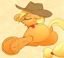 Size: 1200x1100 | Tagged: suggestive, artist:khorme, derpibooru import, applejack, applebutt, dock, female, hat, hoof fetish, hooves, plot, raised tail, solo, solo female, sweat, underhoof