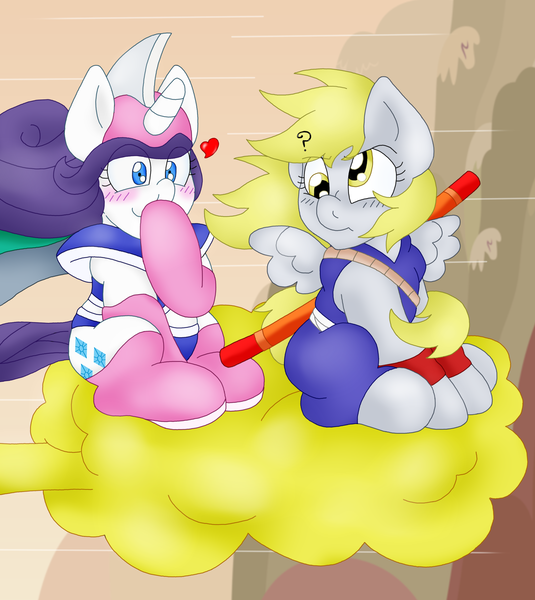 Size: 1544x1732 | Tagged: age regression, artist:blackbewhite2k7, chi-chi, confused, crack shipping, derpity, derpy hooves, dragon ball, female, filly, goku, lesbian, midriff, nimbus cloud, power pole, rarity, safe, shipping, younger