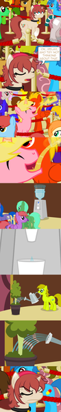 Size: 500x3375 | Tagged: safe, artist:aha-mccoy, derpibooru import, oc, oc:corel, unofficial characters only, pony, unicorn, cider, collar, comic, cross-popping veins, drinking, female, gradient hooves, line, mare, mouth hold, need to pee, omorashi, potted plant, potty dance, potty emergency, potty time, speech bubble, trotting in place, tumblr, water cooler, watering, watering can
