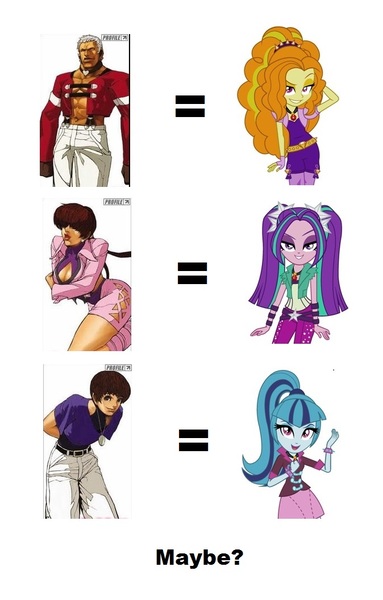 Size: 674x1056 | Tagged: safe, derpibooru import, adagio dazzle, aria blaze, sonata dusk, equestria girls, rainbow rocks, chris, king of fighters, shermie, the dazzlings, yashiro nanakase