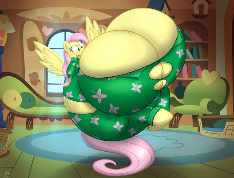 Size: 1280x975 | Tagged: anthro, artist:badgerben, big breasts, breast expansion, breasts, busty fluttershy, cleavage, clothes, derpibooru import, female, floating, flutterblimp, fluttershy, huge breasts, hyper breasts, impossibly large breasts, inflation, pajamas, solo, solo female, suggestive, unguligrade anthro