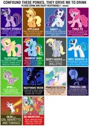 Size: 905x1280 | Tagged: safe, derpibooru import, applejack, big macintosh, derpy hooves, fluttershy, gilda, nightmare moon, pinkie pie, princess celestia, princess luna, rainbow dash, rarity, spike, twilight sparkle, vinyl scratch, earth pony, gryphon, pony, griffon the brush off, alcohol, artifact, cardboard twilight, cocktail, confound these ponies, drink, male, mane six, needs more jpeg, recipe, s1 luna, stallion, stock vector