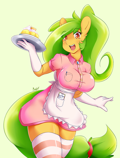Size: 950x1242 | Tagged: anthro, apron, artist:mleonheart, breasts, clothes, derpibooru import, female, nudity, oc, oc:mango, shirt, socks, striped socks, suggestive, unofficial characters only